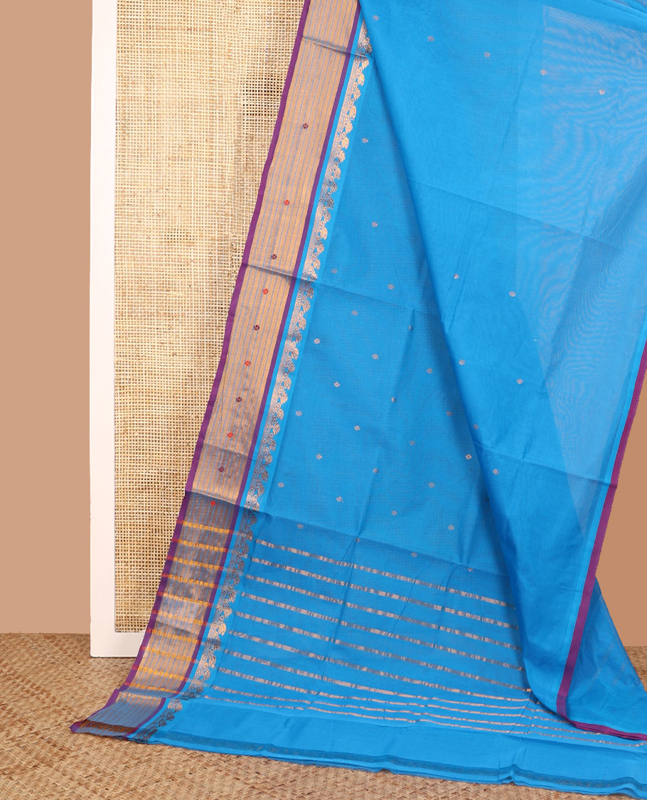 Blue zari buttas Venkatagiri cotton saree with contrast traditional zari border, and pallu of zari stripes