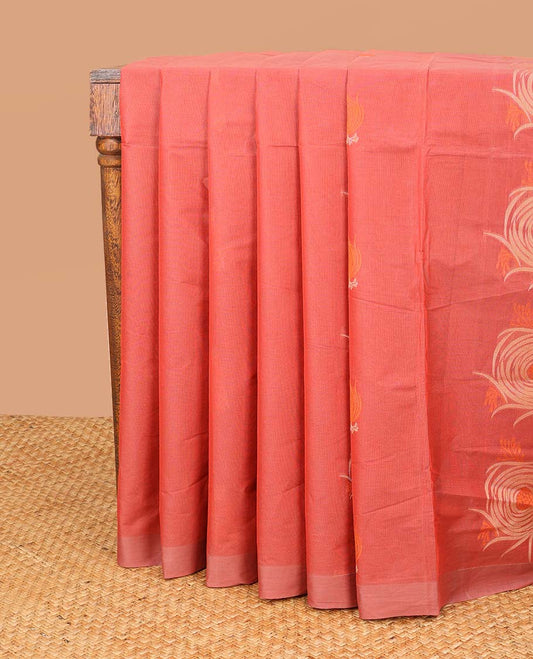 Red floral motifs coimbatore cotton saree with self border & geometric design pallu