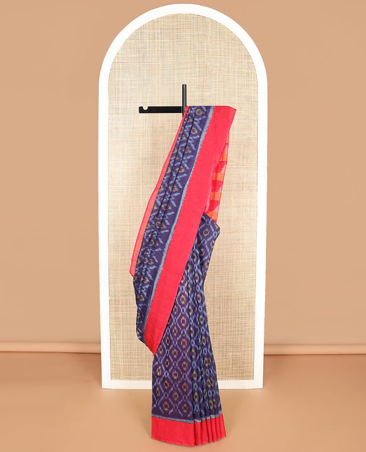 Dark blue argyle design ikkat cotton saree with contrast border & geometric design pallu