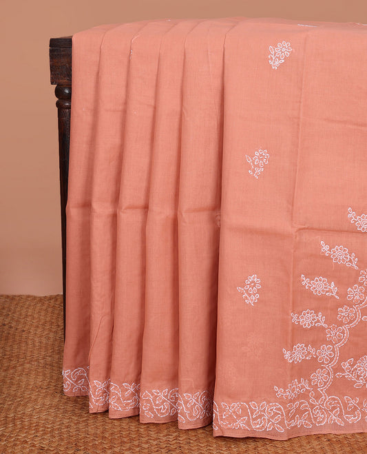 Peach Lucknowi Chikankari Cotton Saree, Sparsely Woven with Floral Motifs Embroidery on Its Body, Subtle Embroidery Border, Pallu of Floral-Paisley Embroidery, and Comes Without a Blouse