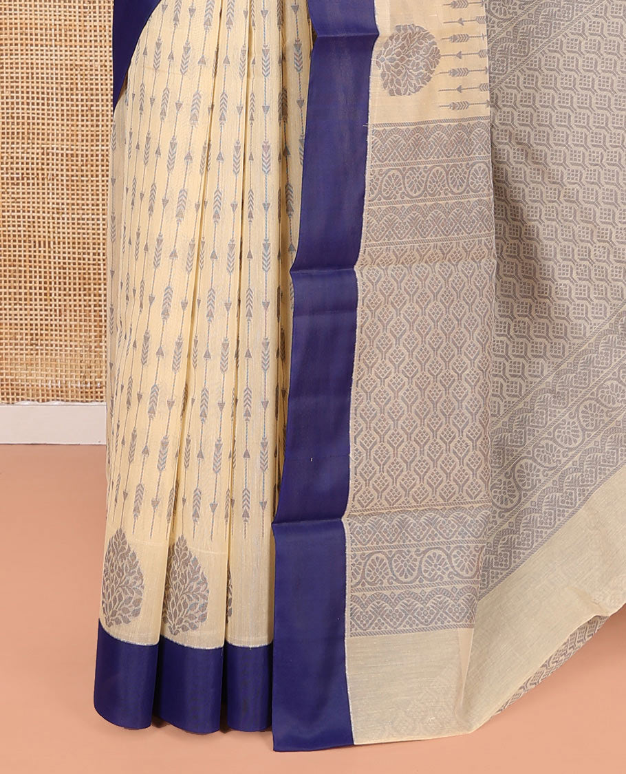 Cream Semi-Silk Cotton Saree, Bedecked with Unique Designs All Over Its Body, Complemented by a Contrast Border, Pallu of Intricate Designs, and Paired with a Matching Blouse