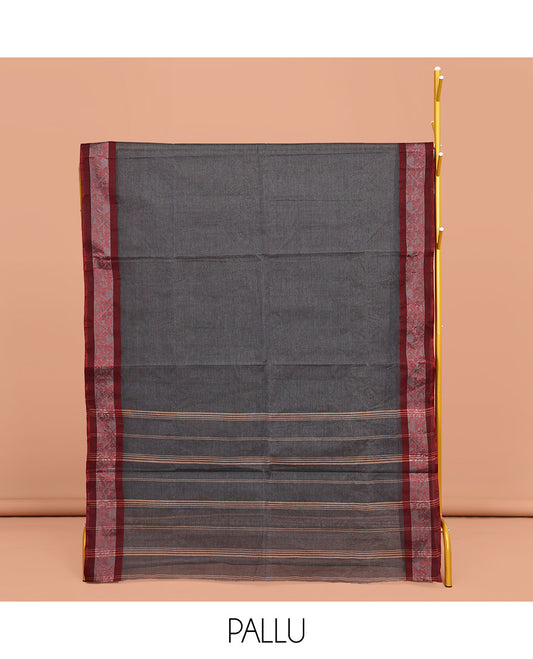 Grey Plain Bengal Cotton Saree, Complemented by a Contrast Floral Creeper Design Border, Pallu of Stripes, and Paired with a Matching Blouse