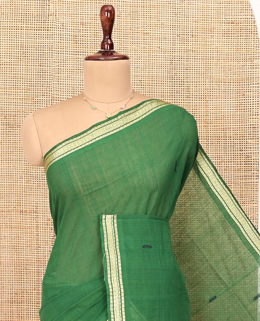 Green Andhra Cotton Saree, Bedecked with Thread Buttas All Over Its Body, Subtly Sparked with a Geometric-Patterned Border, Contrast Pallu of Stripes and Buttas, and Paired with a Matching Blouse