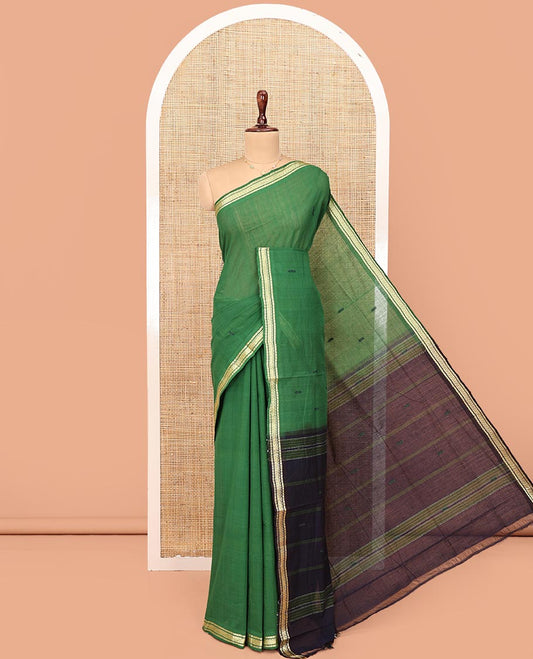 Green Andhra Cotton Saree, Bedecked with Thread Buttas All Over Its Body, Subtly Sparked with a Geometric-Patterned Border, Contrast Pallu of Stripes and Buttas, and Paired with a Matching Blouse