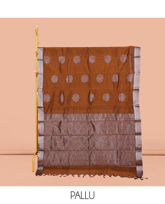 Brown Semi-Silk Cotton Saree, Woven with Zari Buttas All Over Its Body, Highlighted by a Zari Border, Grand Intricate Pallu, and Paired with a Matching Blouse