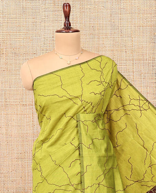 Borderless Green-Brown Poly Cotton Saree, Creatively Printed Like Lightning Strikes, a Contrasting Lightning-Strike-Printed Pallu, and a Contrast Blouse