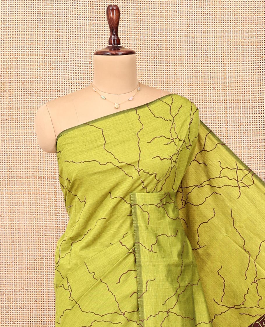 Borderless Green-Brown Poly Cotton Saree, Creatively Printed Like Lightning Strikes, a Contrasting Lightning-Strike-Printed Pallu, and a Contrast Blouse