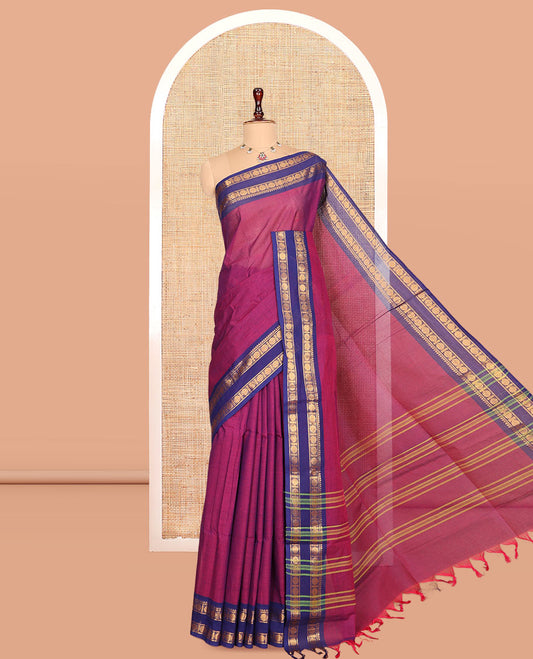 Purple Plain Chettinad Cotton Saree, Complemented by a Contrast Rettai Pettu Rudraksham Border, Striped Pallu, and a Matching Blouse