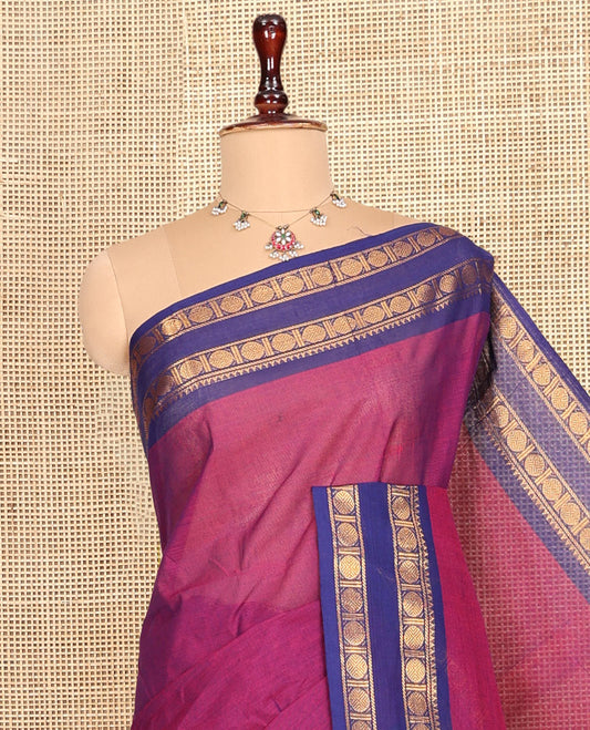 Purple Plain Chettinad Cotton Saree, Complemented by a Contrast Rettai Pettu Rudraksham Border, Striped Pallu, and a Matching Blouse