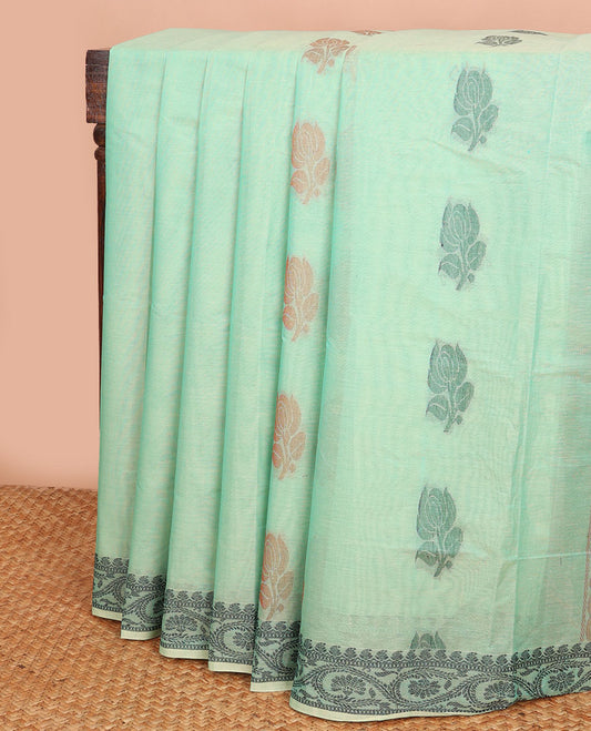 Green floral buttas Combatiore cotton saree, floral creeper design border & floral-design pallu