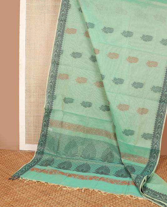 Green floral buttas Combatiore cotton saree, floral creeper design border & floral-design pallu