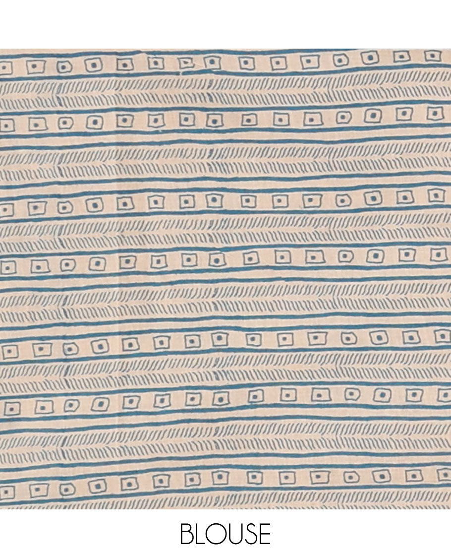 Blue floral vine & peacocks machine-printed kalamkari cotton saree, floral-geometric printed border  & pallu