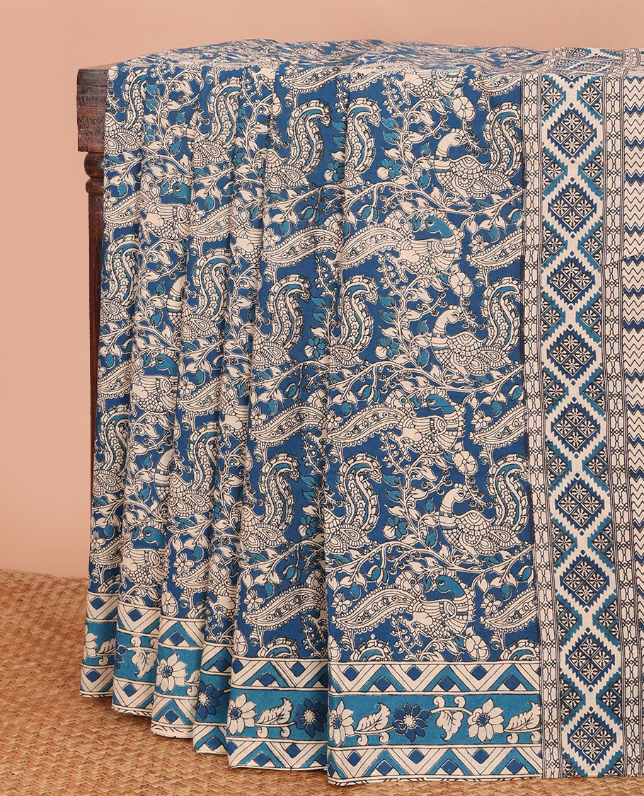 Blue floral vine & peacocks machine-printed kalamkari cotton saree, floral-geometric printed border  & pallu