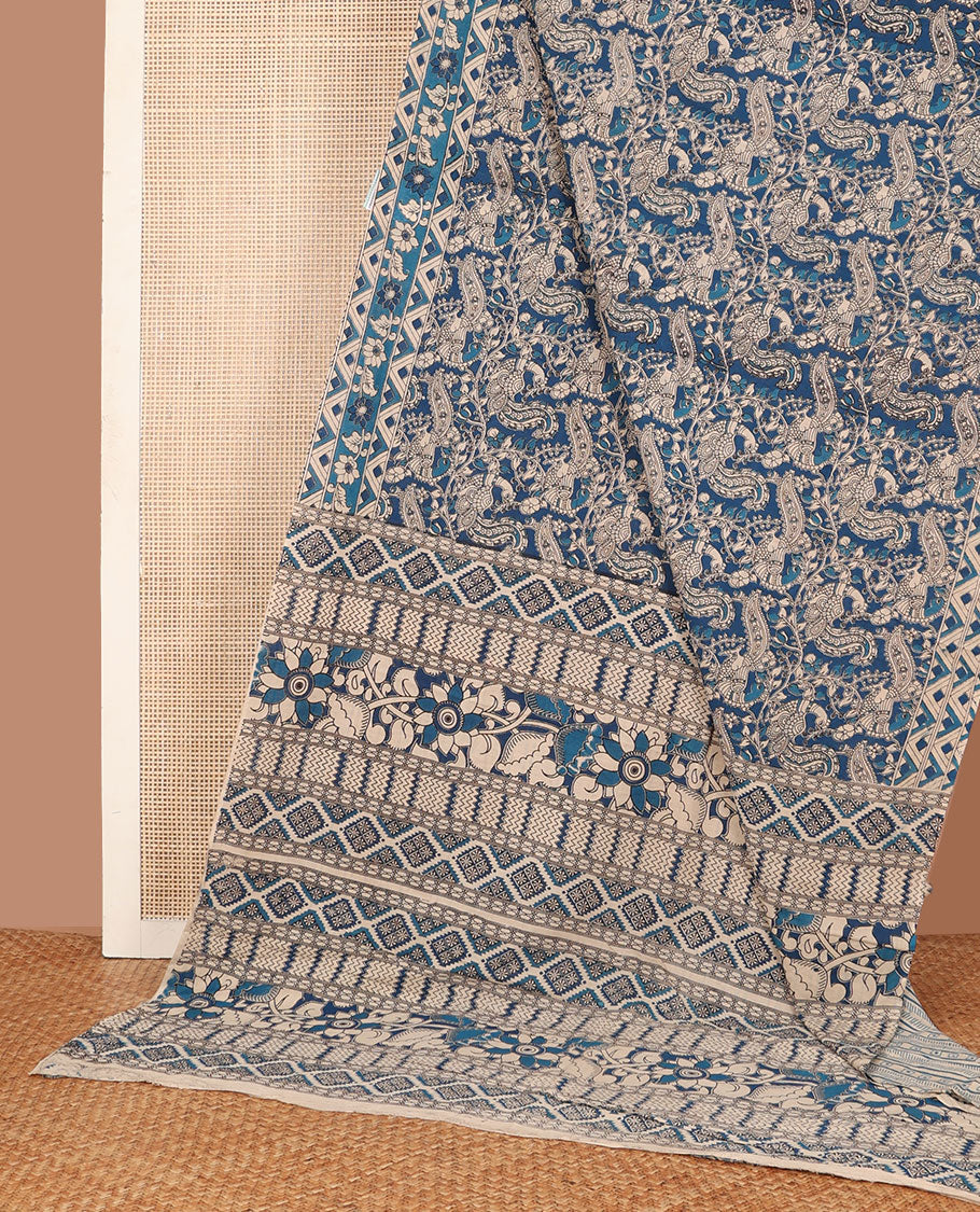 Blue floral vine & peacocks machine-printed kalamkari cotton saree, floral-geometric printed border  & pallu