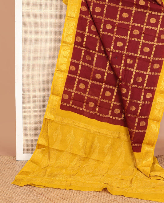 Maroon buttas enclosed zari checked Sungudi cotton saree, contrast traditional zari border & zari woven pallu