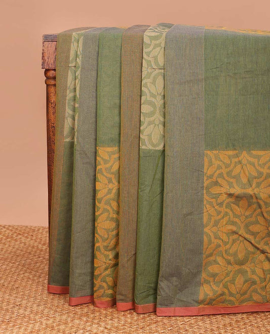 Borderless green jaal patterned gird buttas Coimbatore cotton saree, self-pallu of jaal and leaf motifs