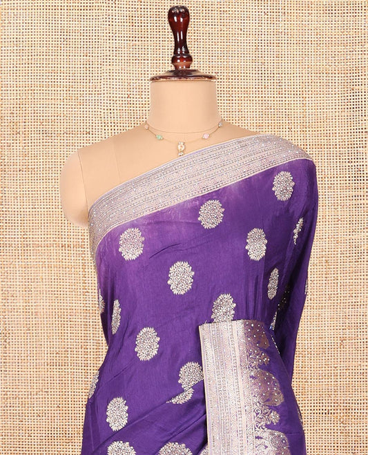 Violet Dola Silk Saree, Delicately Woven with Buttas on Its Body, Complemented by Contrast Border of Traditional and Embroidery Work, Intricately Designed Pallu, and Paired with a Contrast Blouse
