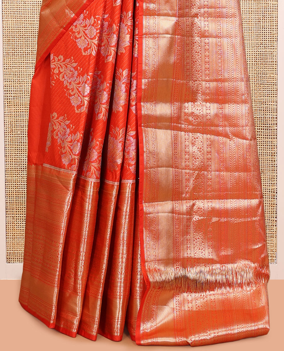Orange Floral Jacquard Budget Silk Saree, a Traditional Zari Border, Jaal Pallu, and Matching Blouse