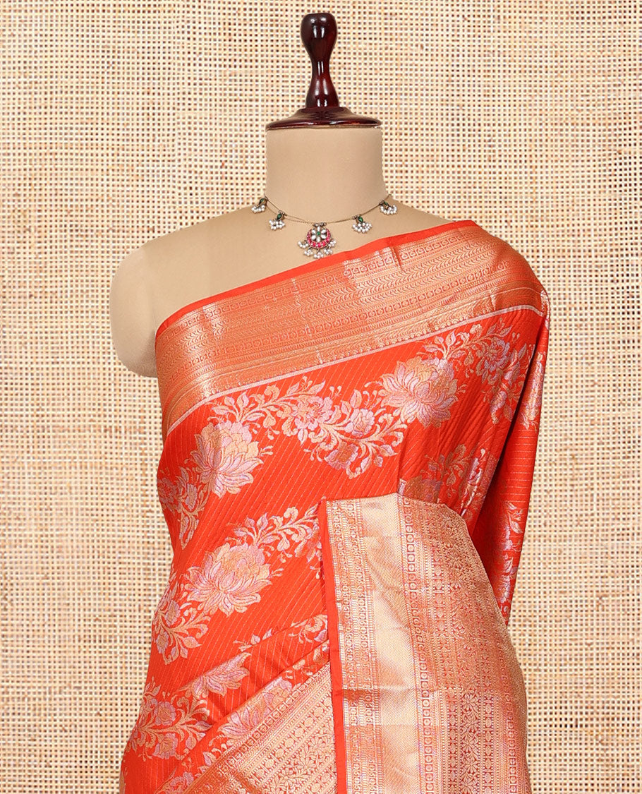Orange Floral Jacquard Budget Silk Saree, a Traditional Zari Border, Jaal Pallu, and Matching Blouse