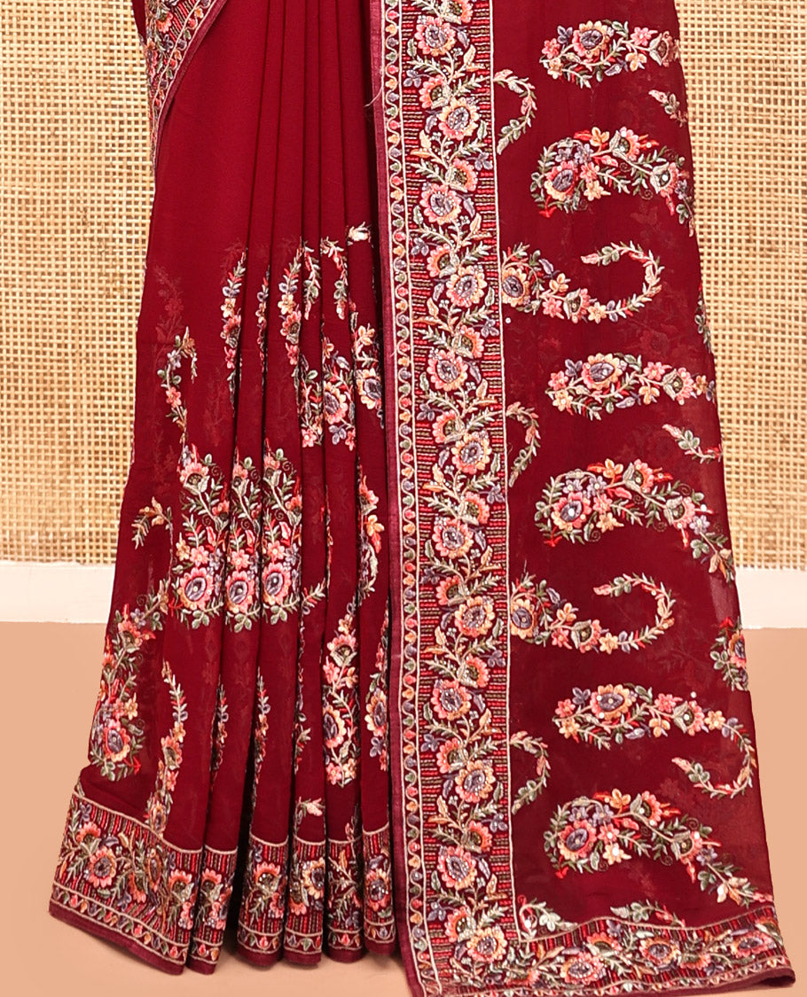 Wine Georgette Designer Saree Features Color-Thread Paisley Embroidery, a Matching Blouse