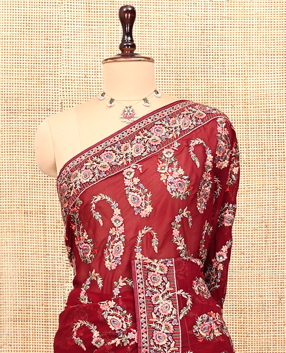 Wine Georgette Designer Saree Features Color-Thread Paisley Embroidery, a Matching Blouse