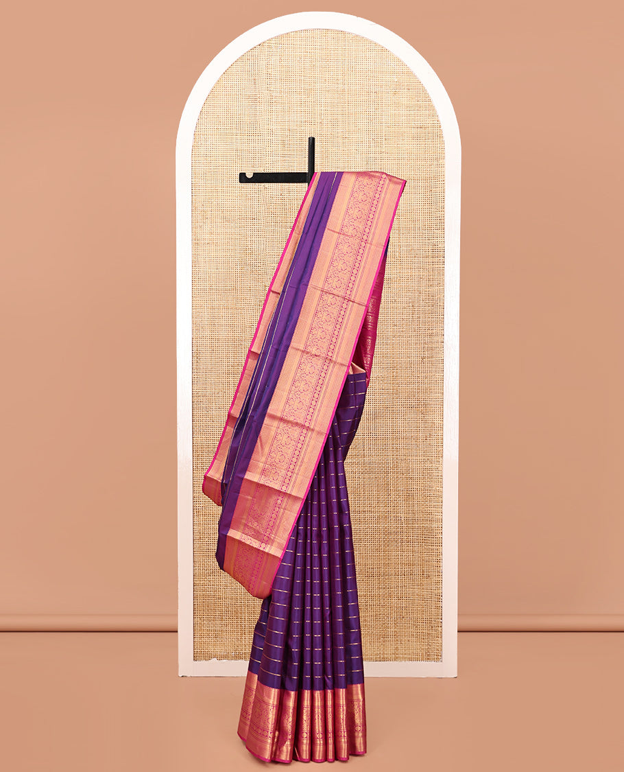 Purple Vasundhara Silk Saree, Enriched with Neli Stripes On Its Body, Complemented by Captivating Contrast Border of Mayil Kann, Vanki, Iru Thalaipakshi, Chakram, and Neli Designs, Grand Pallu, and Paired with a Contrast Blouse