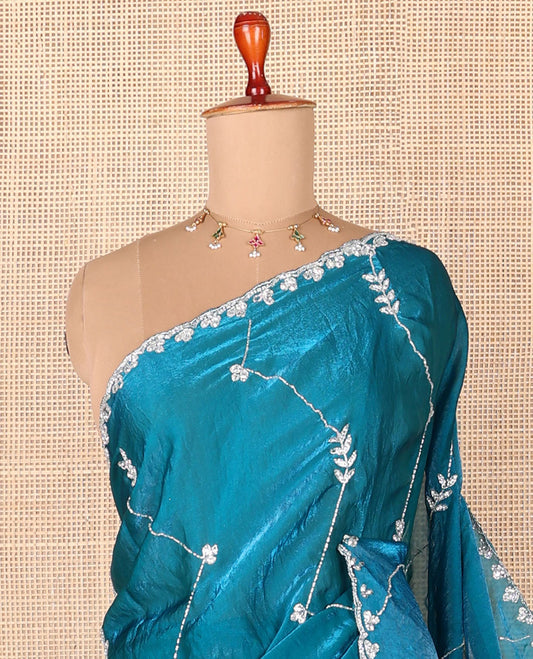 Blue leaf stripes, stone & kardana embroidered designer saree, stone embroidered border & blouse