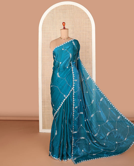 Blue leaf stripes, stone & kardana embroidered designer saree, stone embroidered border & blouse