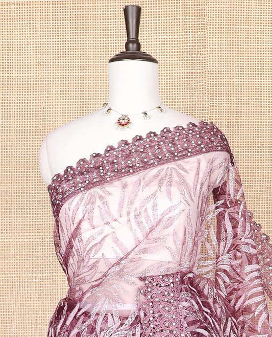 Pink glitter embroidered designer saree, scallop lace embroidery with stone work border