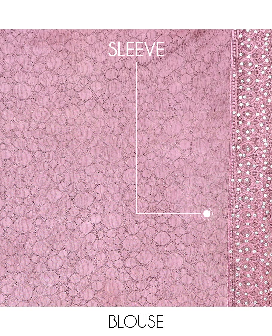 Pink glitter embroidered designer saree, scallop lace embroidery with stone work border