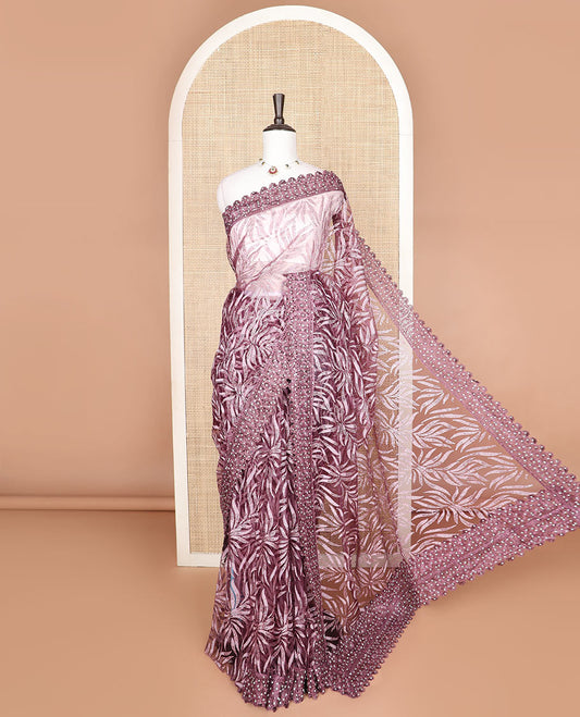 Pink glitter embroidered designer saree, scallop lace embroidery with stone work border