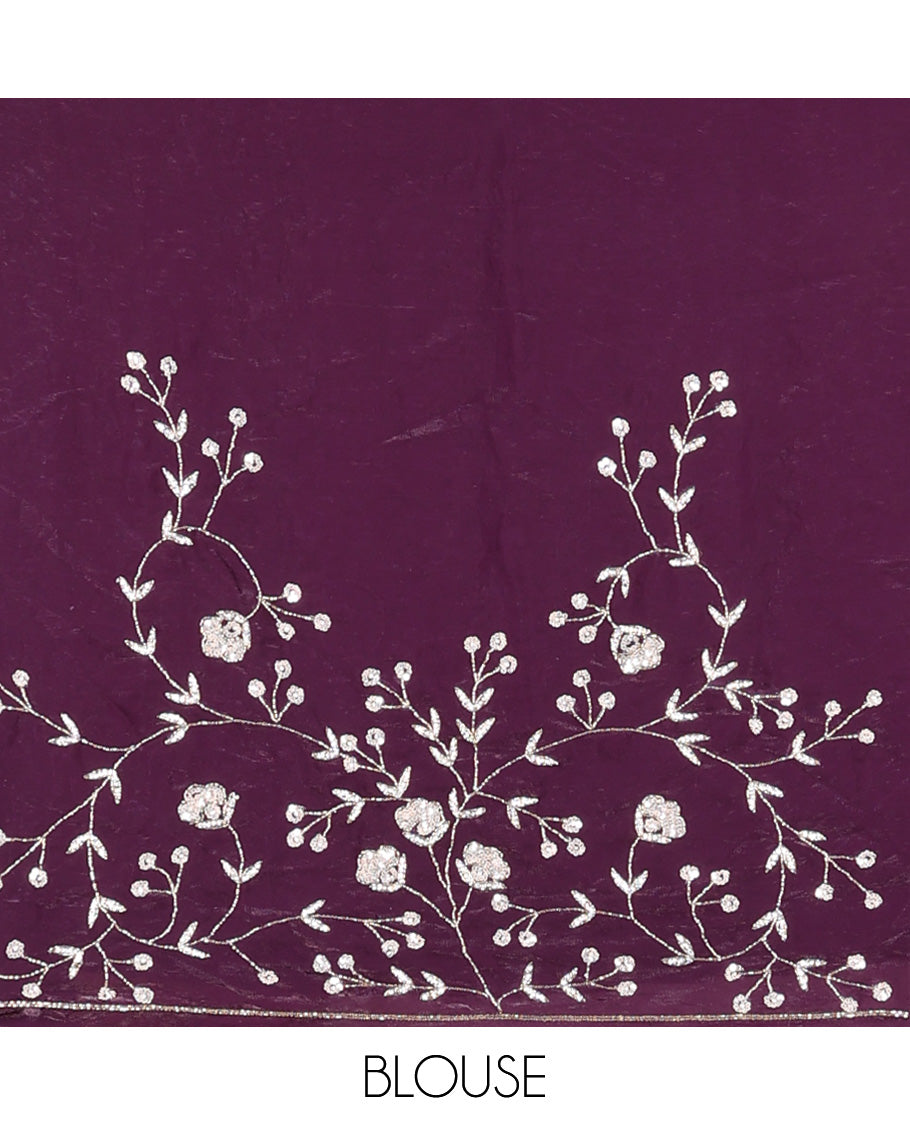 Purple floral vine intricately stone embroidered designer saree, scallop heavy stone work border