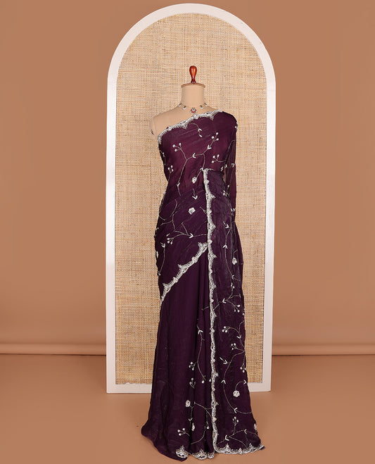 Purple floral vine intricately stone embroidered designer saree, scallop heavy stone work border