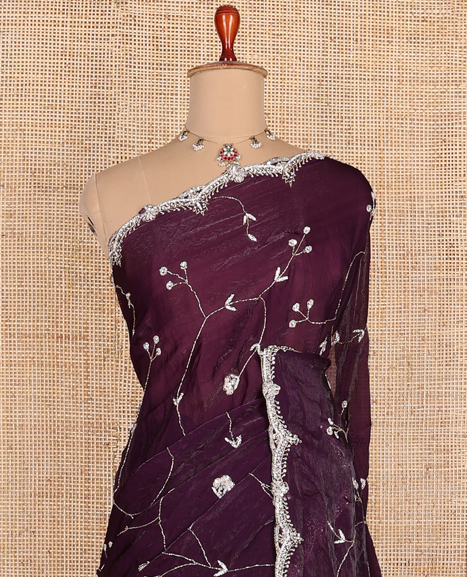 Purple floral vine intricately stone embroidered designer saree, scallop heavy stone work border