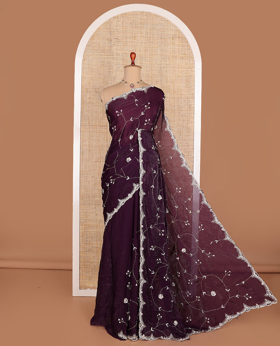 Purple floral vine intricately stone embroidered designer saree, scallop heavy stone work border