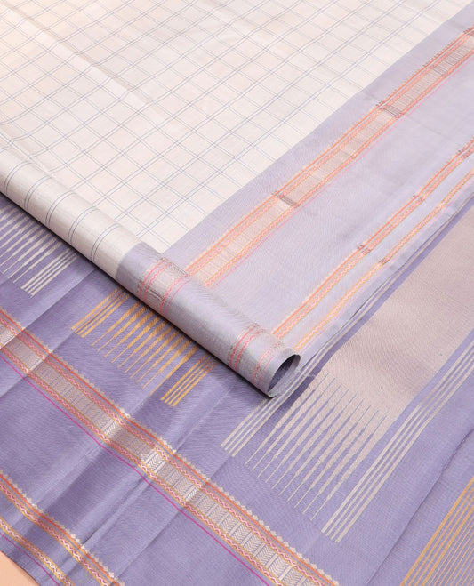 Pearl white checked Kanchipuram silksaree, contrast rettai pettu border of rekku,banaras,neli & kathir designs & pallu of seppu rekku