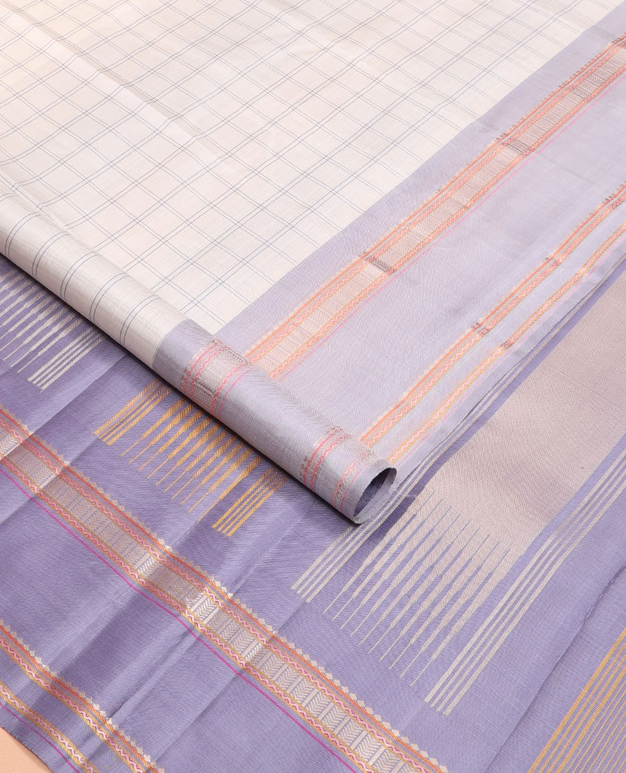 Pearl white checked Kanchipuram silksaree, contrast rettai pettu border of rekku,banaras,neli & kathir designs & pallu of seppu rekku