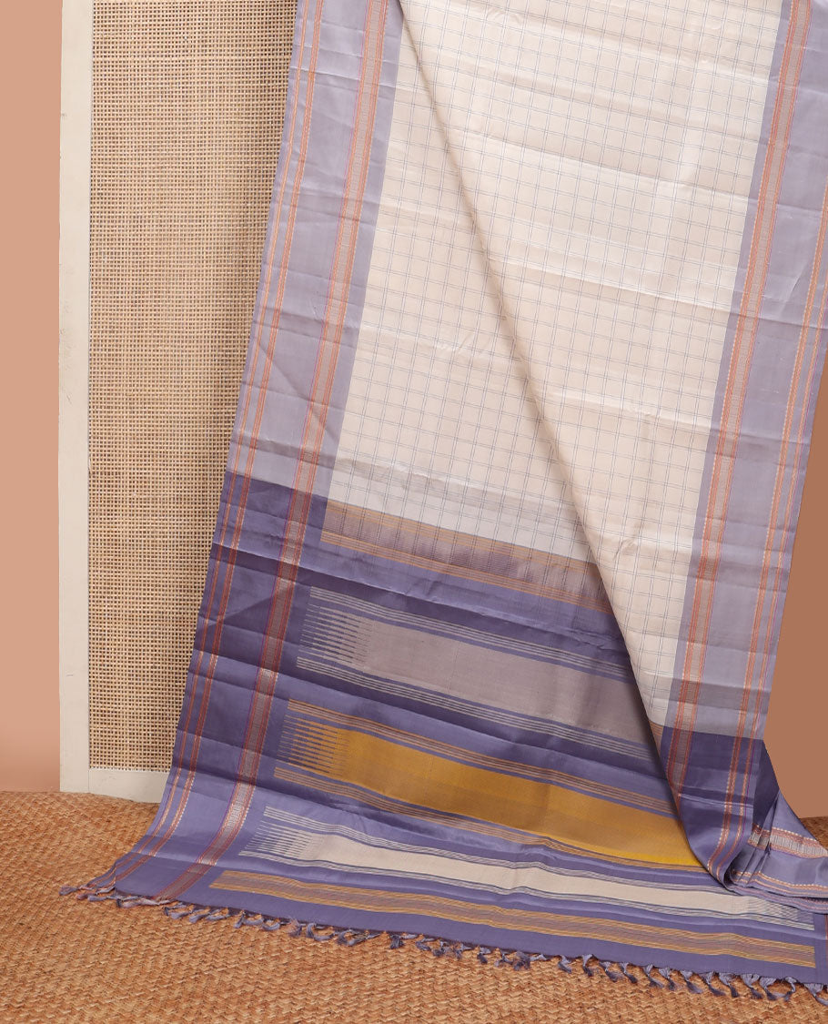 Pearl white checked Kanchipuram silksaree, contrast rettai pettu border of rekku,banaras,neli & kathir designs & pallu of seppu rekku