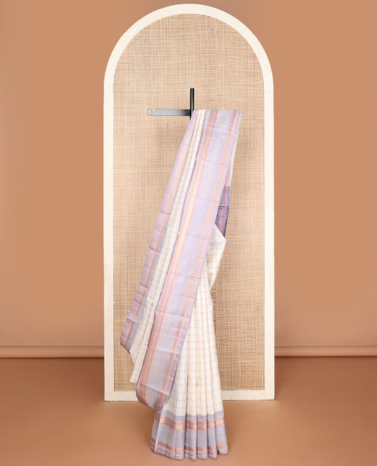 Pearl white checked Kanchipuram silksaree, contrast rettai pettu border of rekku,banaras,neli & kathir designs & pallu of seppu rekku