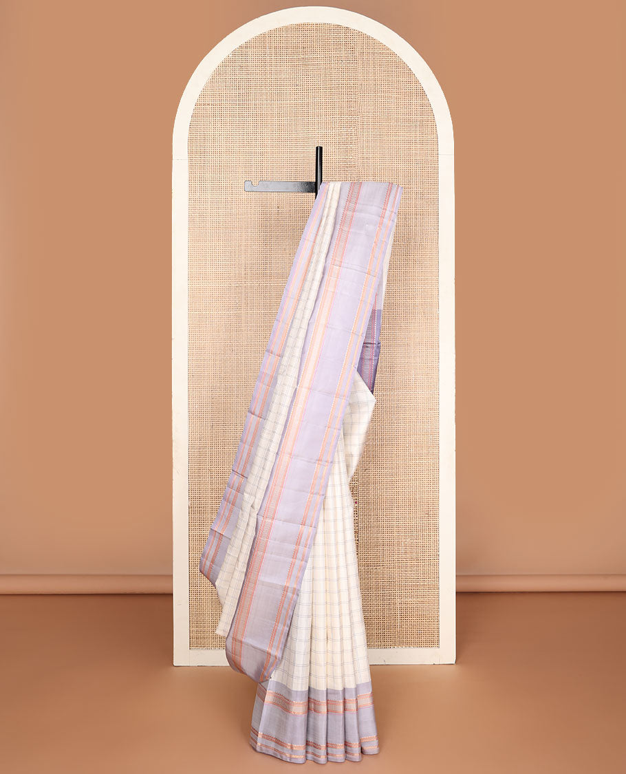 Pearl white checked Kanchipuram silksaree, contrast rettai pettu border of rekku,banaras,neli & kathir designs & pallu of seppu rekku