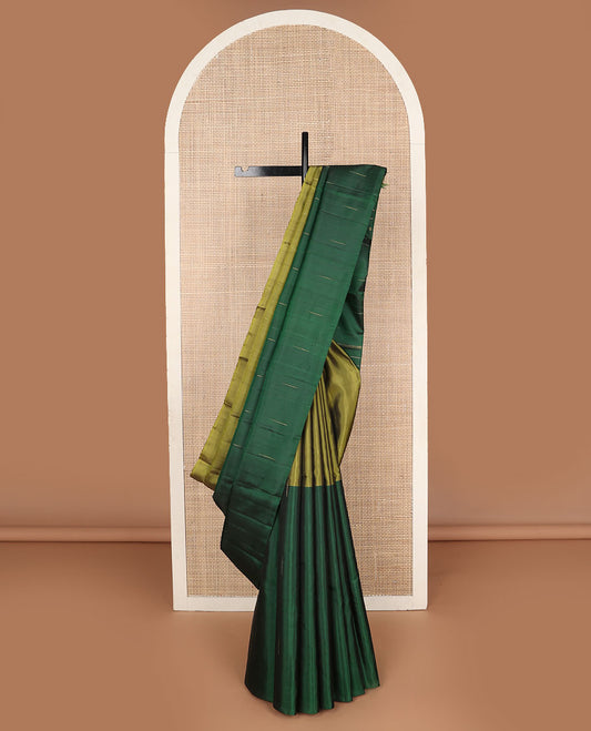 Borderless green malli mokku buttas half-&-half Kanchipuram silk saree, self-pallu of malli mokku & stripes
