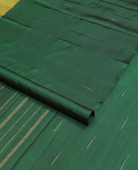 Borderless green malli mokku buttas half-&-half Kanchipuram silk saree, self-pallu of malli mokku & stripes