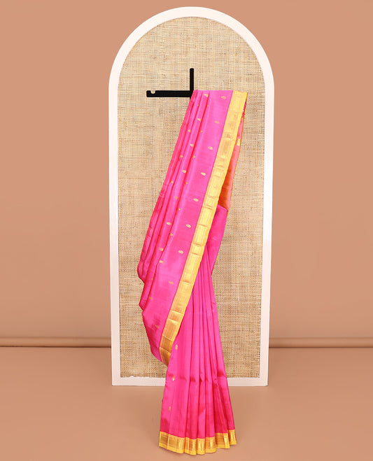 Pink Kanchipuram Silk Saree, Beautified with Zari Buttas All Over Its Body, Complemented by a Contrast One-Sided Border of Banaras, and Jaal Designs, Pallu of Zari Designs, and Comes Without a Blouse