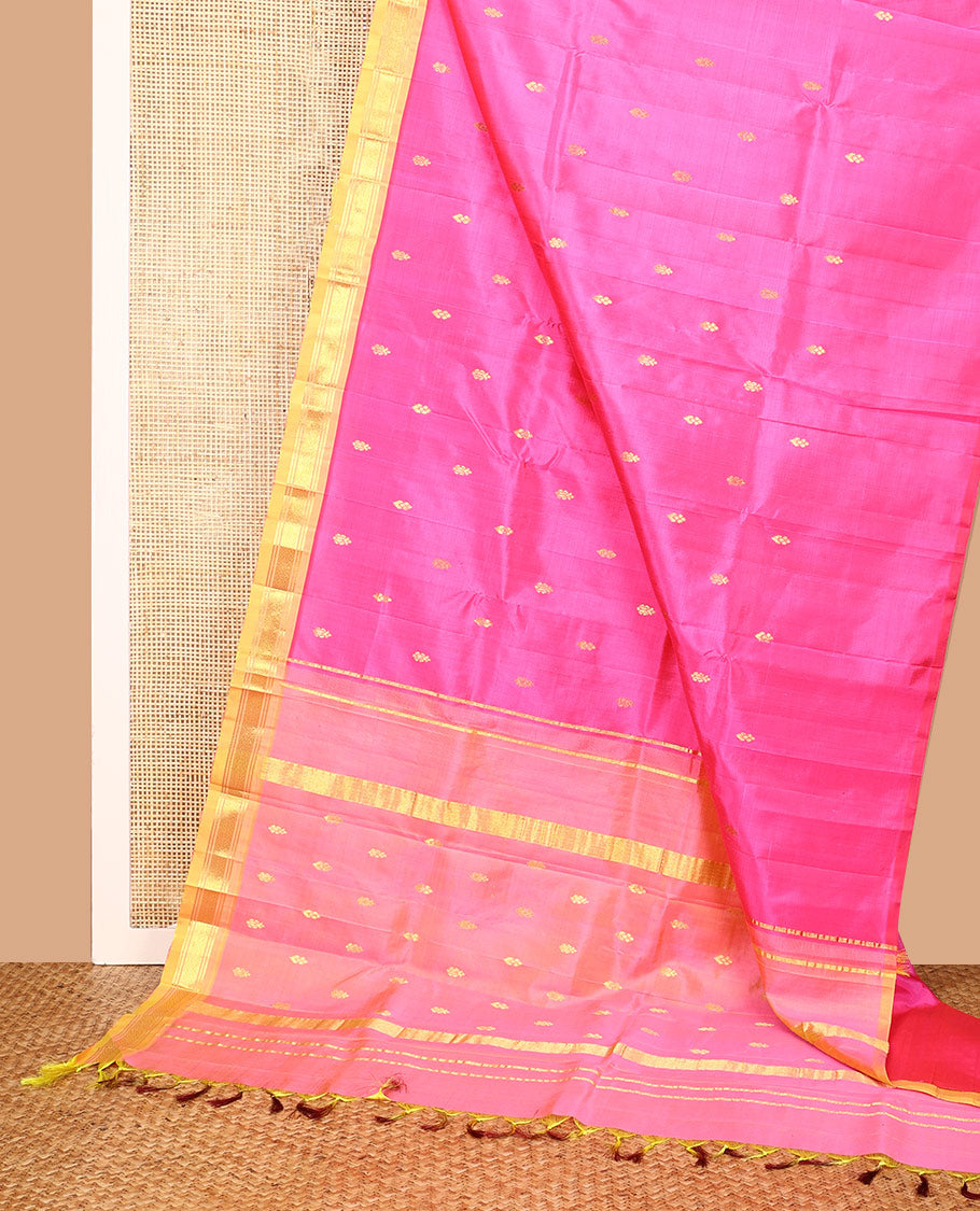 Pink Kanchipuram Silk Saree, Beautified with Zari Buttas All Over Its Body, Complemented by a Contrast One-Sided Border of Banaras, and Jaal Designs, Pallu of Zari Designs, and Comes Without a Blouse