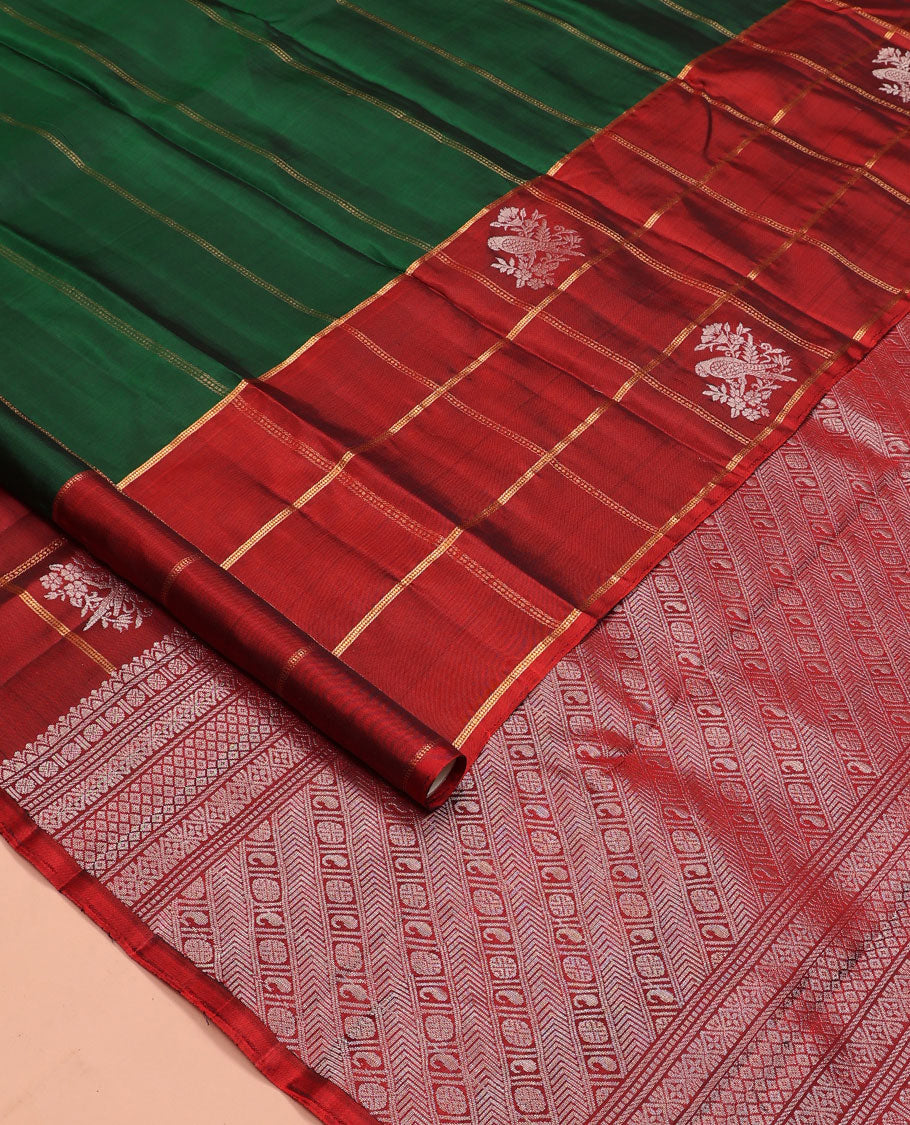 Green zari design Kanchipuram silk saree, contrast zari buttas enclosed checked border, and pallu of manga, rudraksham, and kathir designs