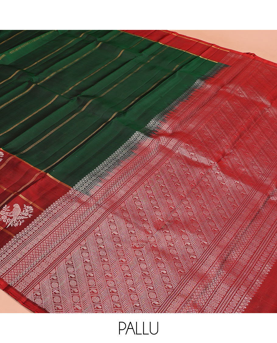 Green zari design Kanchipuram silk saree, contrast zari buttas enclosed checked border, and pallu of manga, rudraksham, and kathir designs