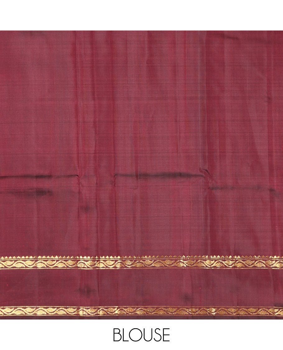 Green zari design Kanchipuram silk saree, contrast zari buttas enclosed checked border, and pallu of manga, rudraksham, and kathir designs