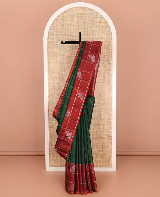 Green zari design Kanchipuram silk saree, contrast zari buttas enclosed checked border, and pallu of manga, rudraksham, and kathir designs