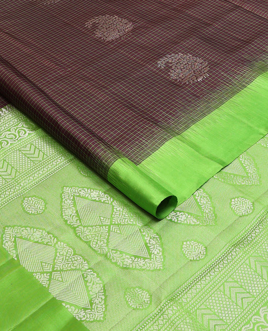 Brown checked, floral motifs mayuri soft silk saree with contrast border & floral zari design pallu