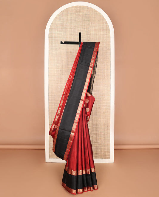 Red chakram zari buttas woven soft silk saree, contrast rettai pettu traditional zari border & pallu of mayil & kuthirai motifs